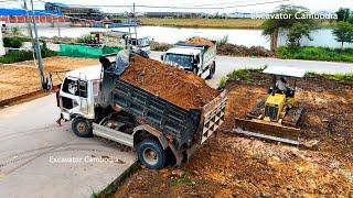 Wonderful Project Landfill By Komatsu D20 Dozer Pushing Soil And Miniature Dump Truck Unloading Soil