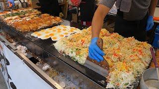 일본 축제 대량 음식! 오코노미야끼 / japanese style egg pancake making at the festival - japanese street food