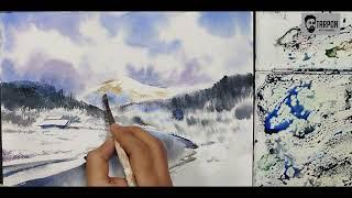 winter mountain watercolor painting tutorial || winter mountain easy watercolor painting tutorial