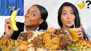 Trying SOMALI food for the FIRST TIME!! | SOMALI MUKBANG | BANANAS AND RICE!?