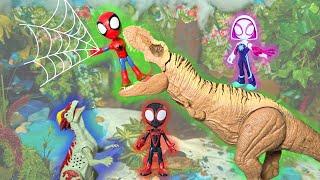 Spider Man, Ghost Girl, and Spin CRASH into a DINOSAUR WORLD to SAVE SUPERWOMAN! | pretend play