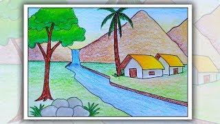 How to draw simple scenery for Beginners | Village scenery drawing