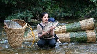 Single mother and baby - using giant bamboo cage to trap fish, catching many big fish