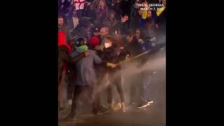 MOMENT: Protesters in Tbilisi shield woman waving EU flag