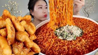 ASMR 오징어튀김 쌓아서 불닭볶음탕 같이 먹을게요*⸌ັ⸍* 리얼먹방 :) a very spicy ramen , Fried squid MUKBANG