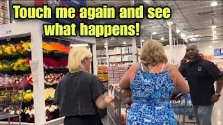 LADY KEEPS BUMPING MAN WITH HER SHOPPING CART