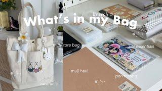 What’s in My Bag ! Uni/School Essentials, Muji Haul, Pen Testing, Miffy Tote Bag ୭ ˚. ᵎᵎ️