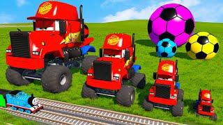 4 MONSTER TRUCKS vs Big & Small Long Mack Truck with Ball vs Train Thomas - BeamNG.Drive