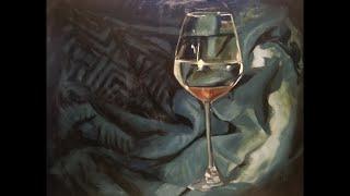 Oil Painting: Wine Glass with Water and Green Cloth (Still Life)