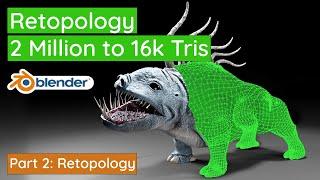 Blender Retopology with RetopoFlow - 2 Million to 16k Tris - 3D Creature Modeling Part 2 Timelapse