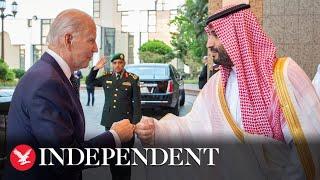 Joe Biden greets Prince Mohammed bin Salman with fist-bump on arrival in Saudi Arabia