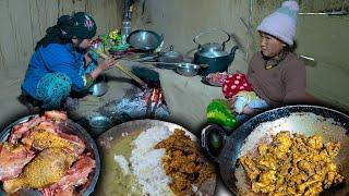 Broiler Chicken fry recpe with rice cooking and eating || Spicy chicken gravy cooking on fire