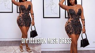 EASY ILLUSION MESH DRESS| SEW LACE TRIMMINGS ON MESH: lace embellishment, insert cups in a dress