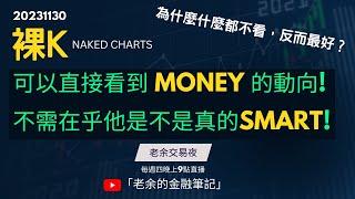 【交易新手】為什麼什麼都不看，反而最好？ 裸Ｋ(Naked Charts)可以直接看到MONEY的動向！不需在乎他是不是真的SMART！20231130【老余交易夜】