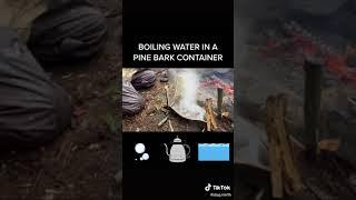 Boiling water in a pine bark container