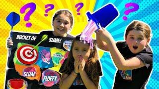 Throwing Darts at a Map Making Slime BLINDFOLDED Challenge!!! * Don't Land on Bucket of Slime!*