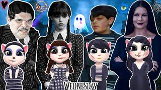 Wednesday And Gomez and Morticia and pugsley Vs My Talking Angela 2 Cosplay super star Addams family