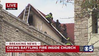 Kansas City firefighters battling large church fire in Waldo