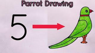 How to draw parrot drawing from number 5 | Parrot Drawing Easy | parrot drawing with Colour