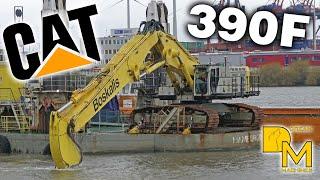 CATERPILLAR 395F excavator with long boom dredging underwater + LIEBHERR HS 855 digging dirt!️