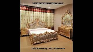 Maharaja style bedroom furniture, Antique gold, Double bed, dressing set, teak wood #antique #design