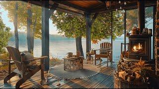 Cozy Morning Lake Porch: Warm Fire Pit, Singing Birds and Calm Lake Waves