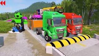 Double Flatbed Trailer Truck Vs Speedbumps Train Vs Cars Beamng.drive In Reverse!  #284