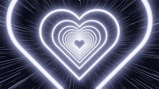 Neon tunnel of light blue hearts on a black striped background. Video Loop