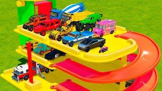 TRANSPORTING POLICE CARS, FIRE TRUCK, DUMP TRUCK, MONSTER TRUCK & MOTORCYCLE TO THE GARAGE