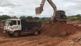 Machine Excavator stuck in deep mud Dump Truck Unloading Soil Pushing Dirt work 024