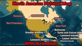 North American  Continent Political Map: Countries, Islands, Important cities