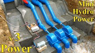Mini hydro with turbine 3 times the power. Mini hydroelectric project. Free energy