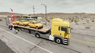 Double Flatbed Trailer Truck vs Speedbumps Train vs Cars Beamng.Drive