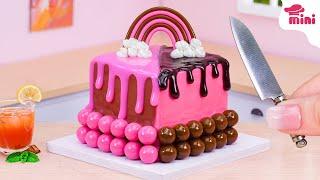 [Mini Cake ] Perfect Pink & Chocolate Drip Cake with Rainbow Topping | Miniature Baking ASMR