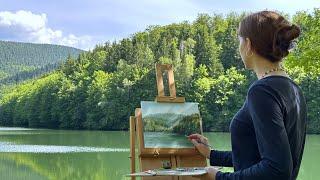 Plein Air Oil Painting "Talsperre Erletor" Landscape forest trees near the lake on canvas, tutorial