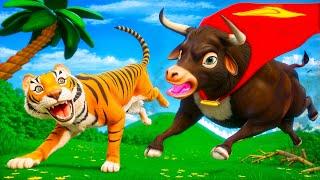 Super Cow’s Heroic Rescue! Saving Farm Animals from a Ferocious Tiger Attack!