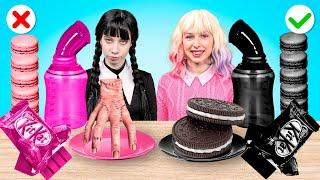 Pink VS Black Food Challenge! Wednesday VS Enid | Funny Food Situations