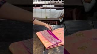 Handloom woven Ektara silk saree in a stunning peach color with a contrasting border in Rani pink