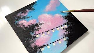 How to paint Clouds & String Lights | Easy Acrylic Painting Idea on Canvas | Easy Painting