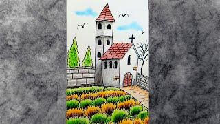 Church Sketch Tutorial / Church Landscape Easy Drawing for Beginners by Colored Pencils and Ink