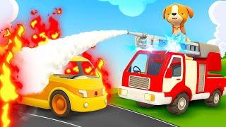 The fire truck saves the broken yellow car for kids. Learn animals & Helper cars cartoons for kids