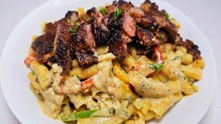 Rasta Pasta topped with Jerk Steak | full recipe