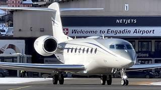 St. Moritz Engadin Airport GLF6  E550 Takeoff Snow Privatjets Planespotting 2025 / Samedan 4K