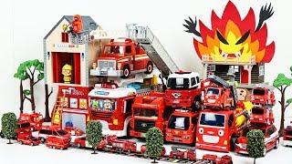 소방차 기지에서 총출동 뽀로로 장난감 친구들과 공룡들의 소방관 놀이 Fire Trucks and Fire Station Play Set