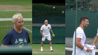 Novak Djokovic, Martina Navratilova and Mansour Bahrami on the practice courts