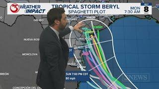 Hurricane watch issued for Beryl after weakening in Mexico; tropical storm now heads toward Texas