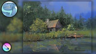 Small old house by the river. Process of creation in Krita. Time lapse video.