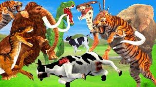 Sabertooth vs Raptor Attack Cow Cartoon Save by Woolly Mammoth Elephant Fight Dinosaur vs Tiger