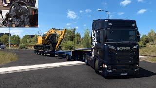 Transporting an excavator in Germany - Euro Truck Simulator 2 | Steering wheel gameplay