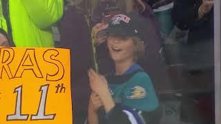 Trevor Zegras gave a young fan his stick during warmups and the reaction is priceless 